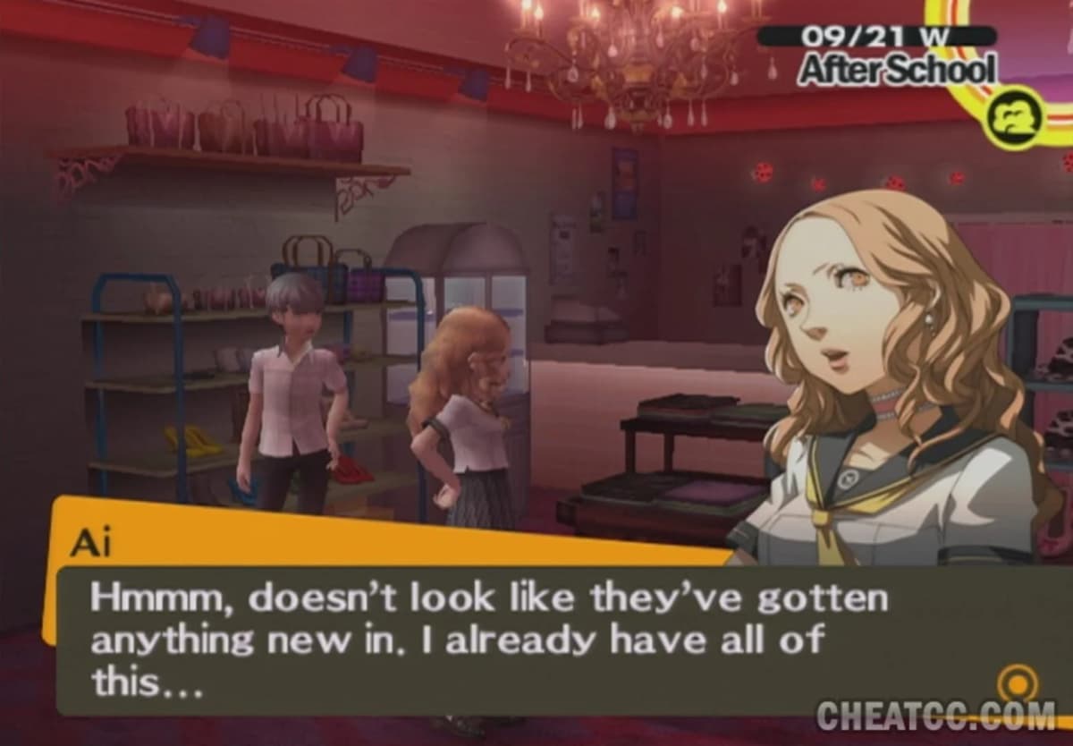 Capture d'écran de Persona 4 montrant Chie et Yosuke pendant une cinématique.