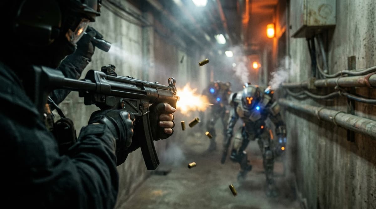 KTO submachine gun engaging Vaporizer enemies in a Close Scrutiny-style corridor.