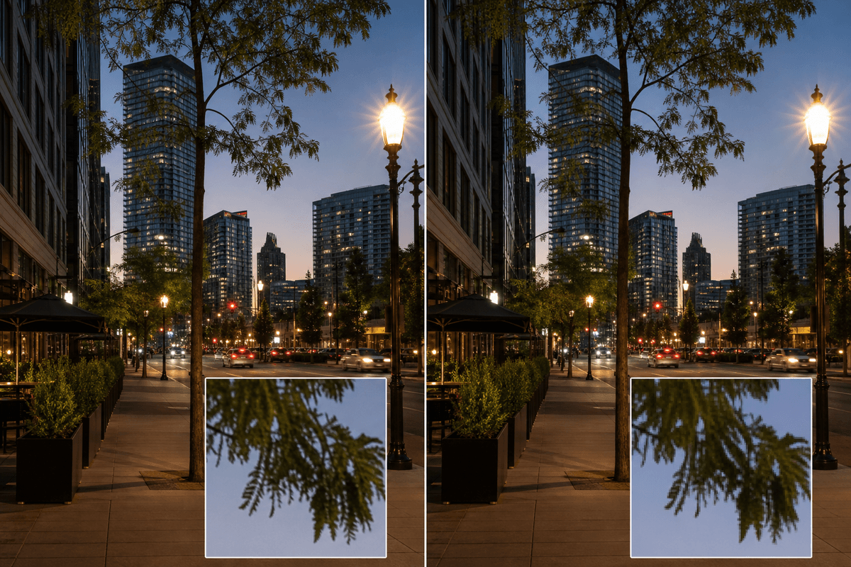 Before/after visual comparison highlighting edge detail and smoothing differences when toggling image quality enhancement.