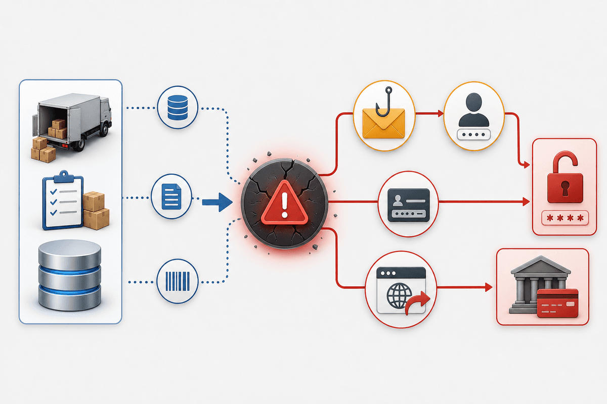 Text-free diagram of how logistics shipment data exposure can lead to phishing and credential compromise.