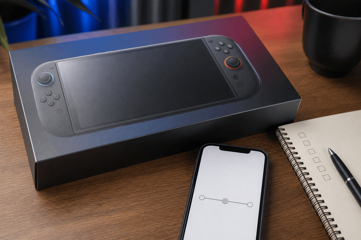 Checklist-style pre-buy verification scene for a console price change.