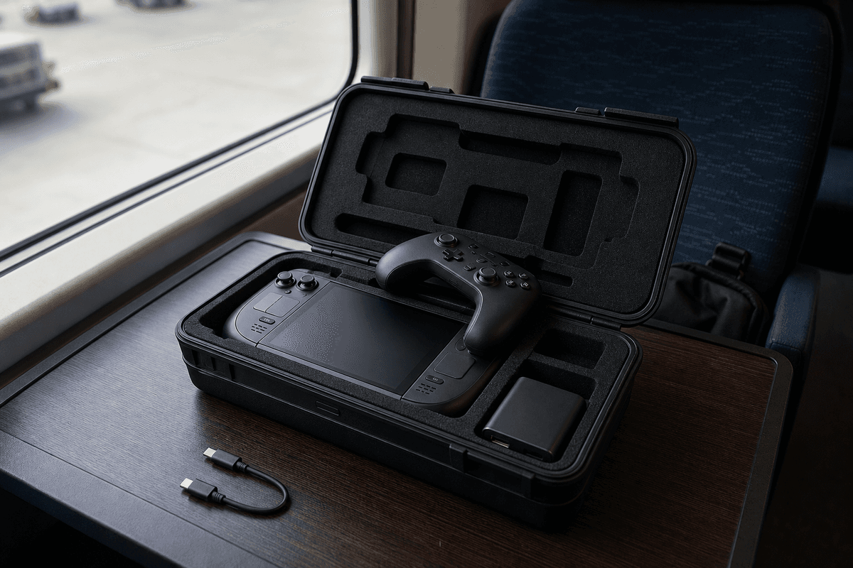 Real-world travel scene with portable controller and case.