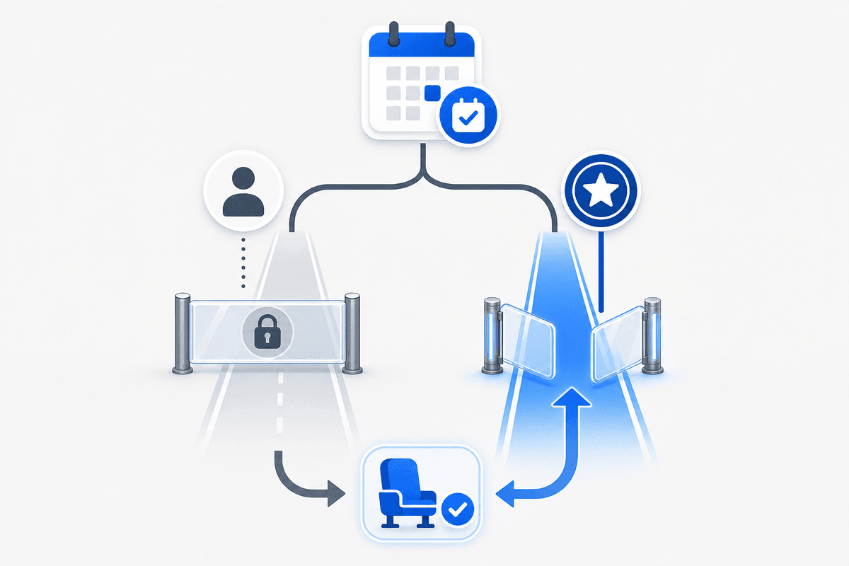 Conceptual reservation gate showing how PS Plus enables priority reservations.