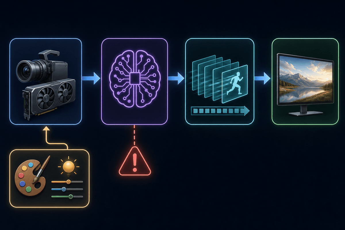 Conceptual diagram contrasting artist controls with an AI upscaling stage and where changes may be introduced.