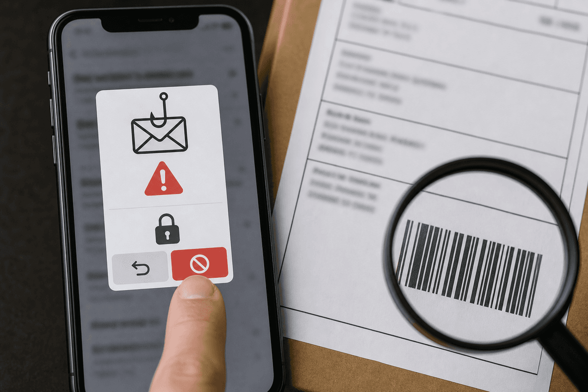 Close-up of user actions to detect and report a phishing attempt linked to shipping information.