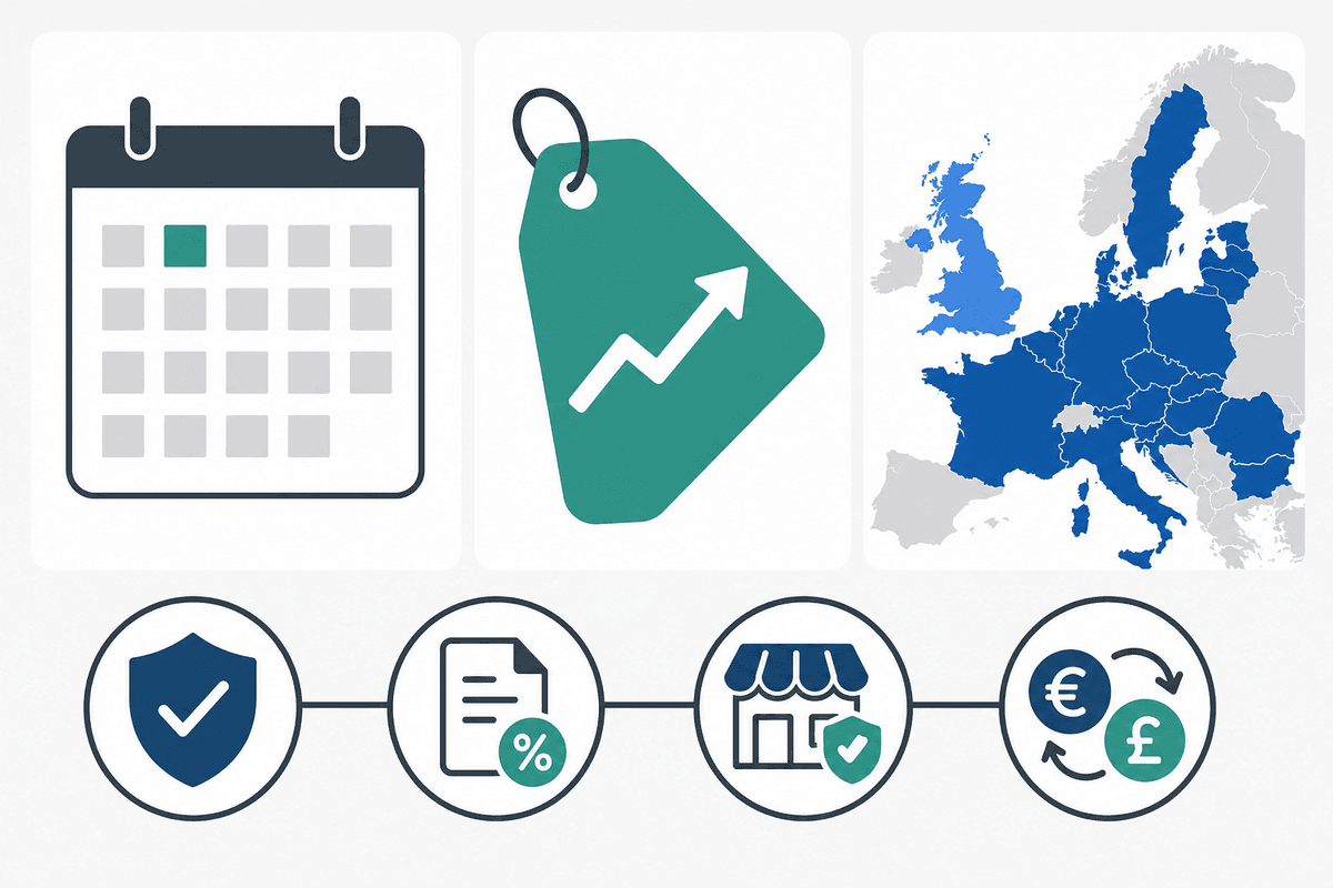 Text-free infographic linking Sept 1 price change to UK/EU aligned pricing checks.