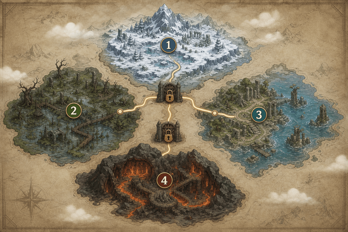 Concept map showing four new areas and member-gate progression routes.