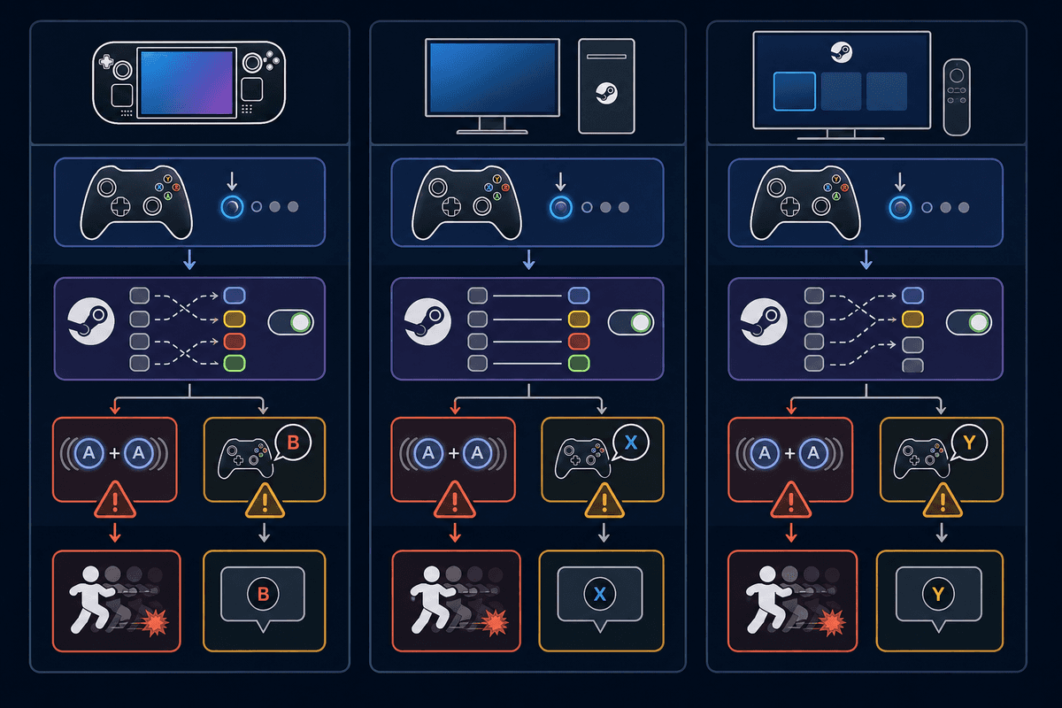 Cross-platform troubleshooting flow for double inputs and button prompt mismatches.