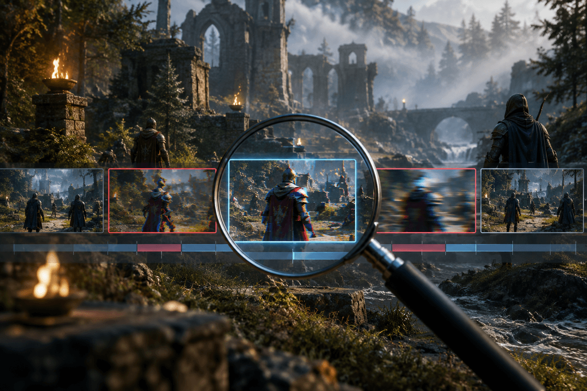 Forensic-style visual metaphor for verifying alleged generative-AI artifacts in a trailer